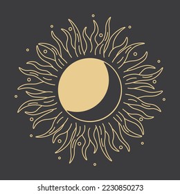 Partial solar eclipse abstract linear vector icon. Golden sun with sunburst and crescent moon silhouette together isolated on dark background.