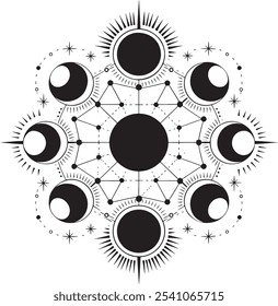 Eclipse solar parcial o Arte vectorial de ilustración de luna boho