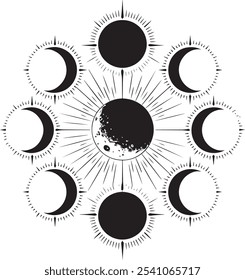 Eclipse solar parcial o Arte vectorial de ilustración de luna boho