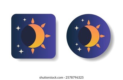 Partial solar eclipse icons, square and round shape hand drawn vector illustrations in flat design