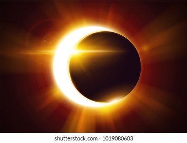 Partial Solar Eclipse. Natural Astronomical Phenomenon. Shadow of the Moon and Aura of Solar Corona. Realistic Effect with Gold Light and Sun Rays.