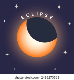 Partial solar eclipse with stars on blue background. Vector illustration