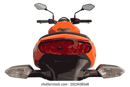 Partial view of the rear in perspective of an orange naked motorcycle: Tail lights, seat, tank, handlebars, mirrors and panel with dials. Isolated vector image with white background.