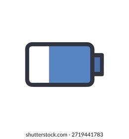 Um ícone de bateria parcialmente carregada em azul e branco sobre um fundo branco. Estilo de design plano mínimo.