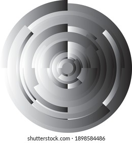 Partially cropped gray scale circle segments in concentric order, with linear gradual shading
