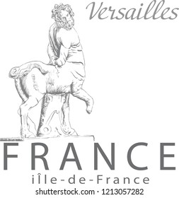Partially destroyed antique statue of the centaur. Versailles. Ile de France. France. Sketch drawn by hand, in the style of engraving. Isolated on white