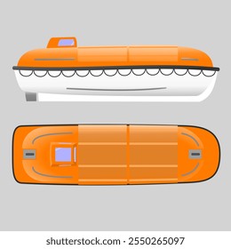 Partially Enclosed Lifeboat. 150 person rescue boat from a cruise ship with fabric sides creating a semi enclosed life boat. Side and top profile. Isolated vector illustration.