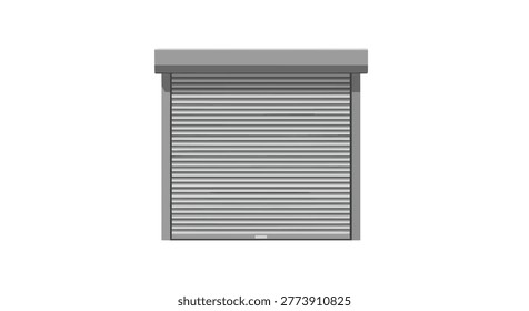 Partially open gray roller shutter door with horizontal slats and a gray frame, isolated in a central front view on white background.