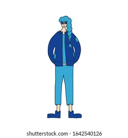 Partially sighted female character dressed in casual trendy clothes standing alone. Pretty blind girl with braid isolated on white background. visually impaired woman. Vector illustration.