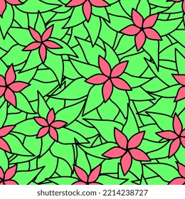 A partially transparent, stained glass like seamless pattern of stylized pointsettias.