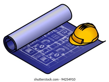 A partially unrolled blueprint / technical drawing with a yellow hardhat.