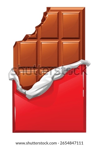 Partially unwrapped chocolate bar with a bite taken out, showing the rich texture. A tempting and irresistible sweet. Vector cartoon illustration
