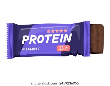 Partially unwrapped chocolate protein bar with Vitamin C in a purple wrapper. Vector illustration. Nutritional supplement and health concept.