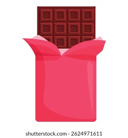 Partially unwrapped dark chocolate bar is nestled in vibrant pink foil, showcasing its tempting squares