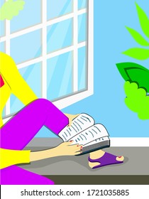Partially visible woman silhouette sitting on a windowsill with book in her hand. Vector