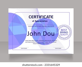 Modelo de diseño de certificado de apreciación del participante. Diploma vectorial con espacio de copia personalizado y fronteras. Documento impreso para premios y reconocimiento. KoHo, calibri fuentes regulares utilizadas