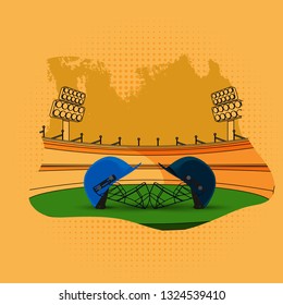 Participants cricket attire helmet illustration on stadium background in flat style for cricket tournament template or poster design.