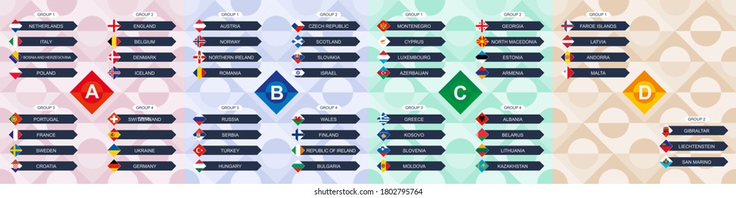 Participants Flags of European Soccer competition sorted by league and group. European nations flag in rhombus.