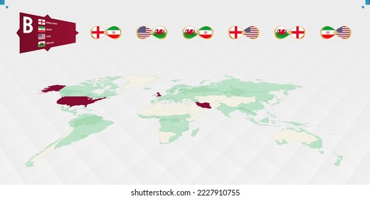 Participants in Group B of the football tournament, highlighted in burgundy on the world map. All group games. Vector illustration.