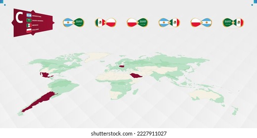 Participants in Group C of the football tournament, highlighted in burgundy on the world map. All group games. Vector illustration.