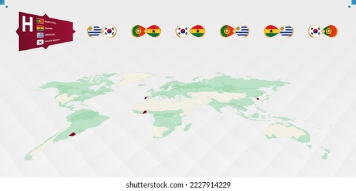 Teilnehmer der Gruppe H des Fußballturniers, in burgund auf der Weltkarte hervorgehoben. Alle Gruppenspiele. Vektorgrafik.