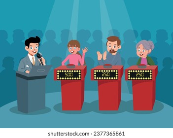 participants to guess questions from questions. Intellectual game show studio with game buttons on stands for men and women animated smart gamers Cartoon character Colorful vector illustration.