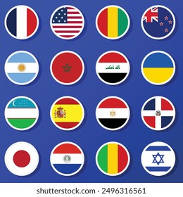 Participants of the men's football tournament 2024 in Paris. Round flat flag icons with shadows underneath