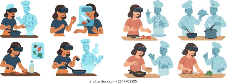 Participants wearing virtual reality headsets engage in cooking activities, learning various culinary skills.