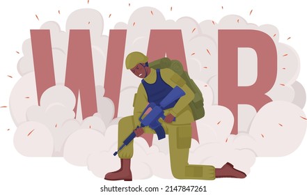 Participate in hostilities 2D vector isolated illustration. Military man with firearm flat character on cartoon background. Colourful scene for mobile, website, presentation.