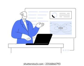 Participate in physics conference abstract concept vector illustration. Physics professor speaks at a scientific conference, talk about the results of experiment and research abstract metaphor.