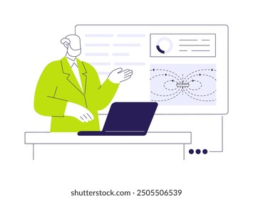 Participate in physics conference abstract concept vector illustration. Physics professor speaks at a scientific conference, talk about the results of experiment and research abstract metaphor.