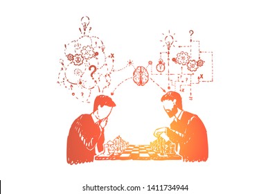 Participating in chess tournament, playing board game with friend, analytical and logical thinking. Left and right side of brain comparison concept sketch. Hand drawn vector illustration