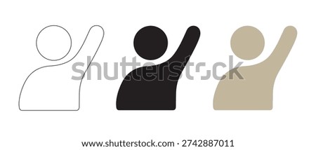 participating person, hand up human icon, raising hand, linear vector illustration.