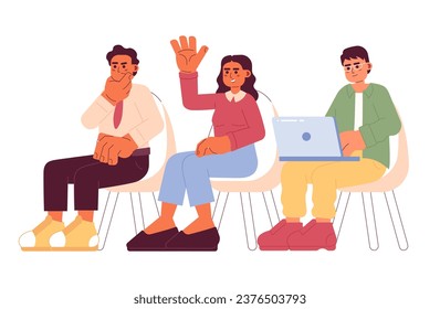 Participating in seminar cartoon flat illustration. Diverse people lecture participants 2D characters isolated on white background. Class training course, diversity scene vector color image