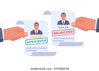 Participation. Approved resume. Reject resume. Stamp in the hands of a headhunter. Approved employment document and rejecting. Hiring concept. Vector illustration flat design.