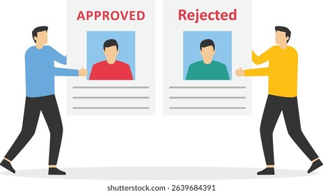 Participation. Approved resume. Reject resume. Stamp in the hands of a headhunter. Approved employment document and rejecting. Hiring concept. Vector illustration flat design.

