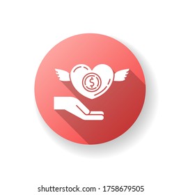 Participation in charity red flat design long shadow glyph icon. Donate to foundation. Humanitarian aid. Financial support. Social service. Free assistance. Silhouette RGB color illustration