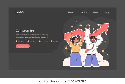 Participation dark or night mode web, landing. Employees team uplifts a rising arrow, joint effort and unity in driving successful lead. Shared ambition and teamwork spirit. Flat vector illustration.