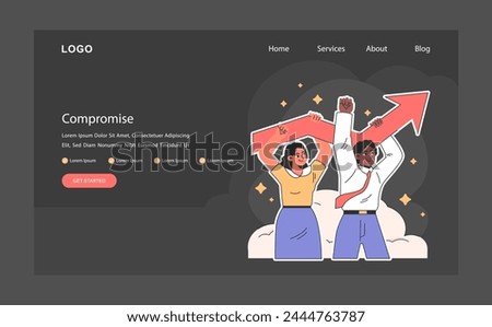 Participation dark or night mode web, landing. Employees team uplifts a rising arrow, joint effort and unity in driving successful lead. Shared ambition and teamwork spirit. Flat vector illustration.