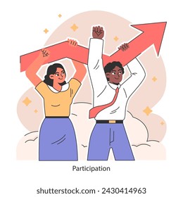 Participation. Employees team uplifts a rising arrow, showcasing joint effort and unity in driving successful lead. Shared ambition and teamwork spirit. Flat vector illustration.