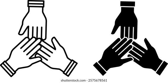 Participation Icons. Black and White Vector Icons. Three Hands Together. Teamwork, Business Partnership. Meeting and Office Concept