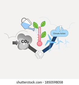 Participation in reducing CO2 emissions, supporting use of renewable energy and controlling global warming to achieve climate action. Vector illustration outline flat design style.