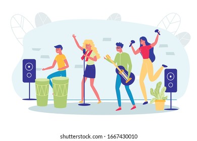 Participation in Rock Music Group after Classes. Company School Students Staged Concert. Teens Play Guitar, Drums and Maracas. Girl Sings in Microphone, on each Side them Speakers for Loud Sound.