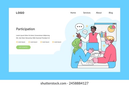 Participation web or landing. Diverse team collaborates on project, sharing insights and data. Inclusion and active involvement in decision-making. Flat vector illustration.
