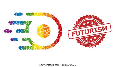 Participle motion collage icon of circle dots in various sizes and LGBT multicolored shades, and Futurism textured rosette seal print. A dotted LGBT-colored Participle motion for lesbians, gays,