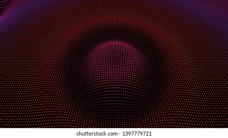 Particle 3D wavy ripple effect. Drip drop to surface. Background grid structure. Big data deep dance.