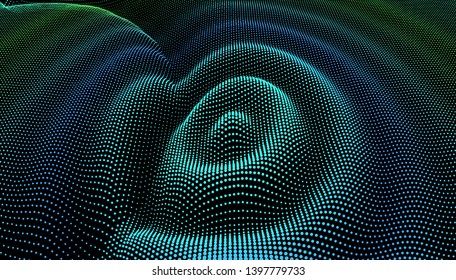 Particle 3D wavy ripple effect. Drip drop to surface. Background grid structure. Big data deep dance