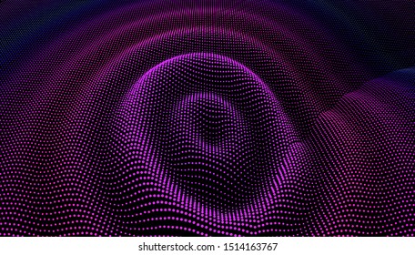 Efecto de onda 3D de partícula. Derrame a la superficie. Estructura de cuadrícula de fondo. Un baile profundo.