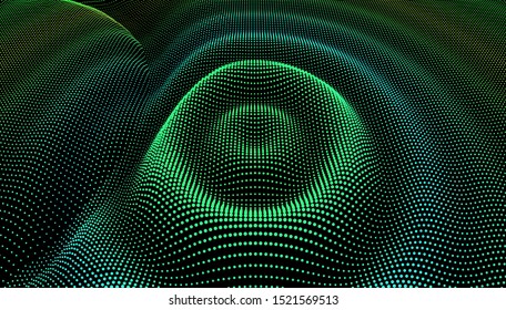 Particle 3D wavy ripple effect. Drip drop to surface. Background grid structure. Big data deep dance.