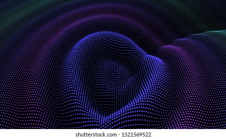 Particle 3D wavy ripple effect. Drip drop to surface. Background grid structure. Big data deep dance.